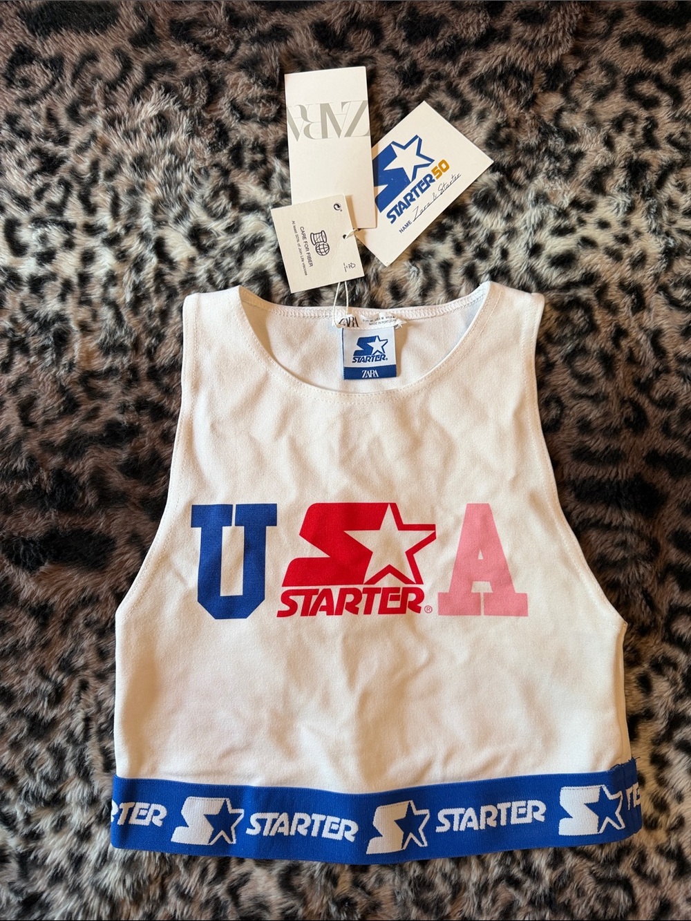 STARTER White Crop Tank with Blue, Red & Pink USA Graphic B18